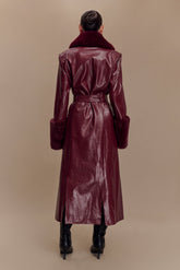 Bec Faux Leather Trench Coat With Faux Fur - Cherry Red